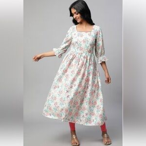 Aurelia Kurta Midi Dress NEW Cottage Floral Print Puff Sleeve Square Neck Small